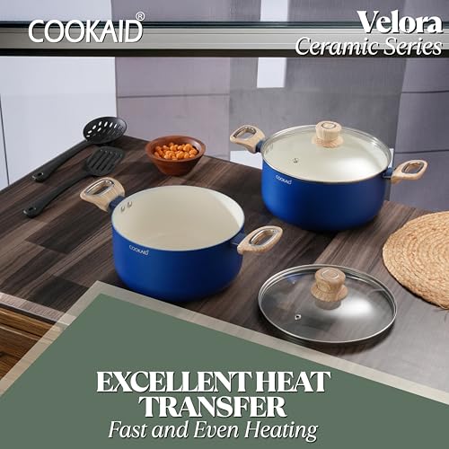 COOKAID Casserole Set of 2 | Casserole Set with Glass Lid | 6Pcs Cookware Set | 3.9 & 4.8 LTR with 2Pc Nylon Tools | ISI Certified | for Cooking | Ceramic Non Stick Cooking Pot - RV Blue - Image 4
