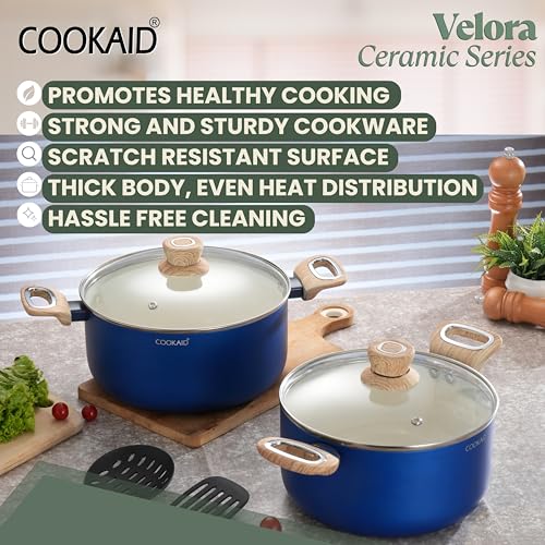 COOKAID Casserole Set of 2 | Casserole Set with Glass Lid | 6Pcs Cookware Set | 3.9 & 4.8 LTR with 2Pc Nylon Tools | ISI Certified | for Cooking | Ceramic Non Stick Cooking Pot - RV Blue - Image 5