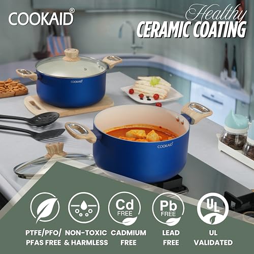 COOKAID Casserole Set of 2 | Casserole Set with Glass Lid | 6Pcs Cookware Set | 3.9 & 4.8 LTR with 2Pc Nylon Tools | ISI Certified | for Cooking | Ceramic Non Stick Cooking Pot - RV Blue - Image 3