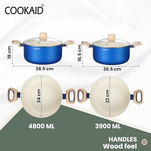 COOKAID Casserole Set of 2 | Casserole Set with Glass Lid | 6Pcs Cookware Set | 3.9 & 4.8 LTR with 2Pc Nylon Tools | ISI Certified | for Cooking | Ceramic Non Stick Cooking Pot - RV Blue - Image 2