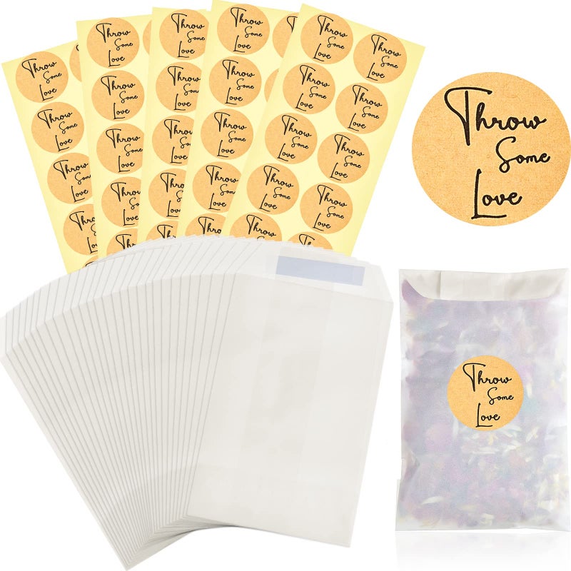 Tenare 50 Sets Wedding Confetti Bags Kit Include 50 Pieces 70 x 105 mm Wedding Confetti Glassine Bags Wedding Favor Bags and 50 Pieces Kraft Brown Wedding Confetti Stickers for Wedding (Modern Style) - Image 1