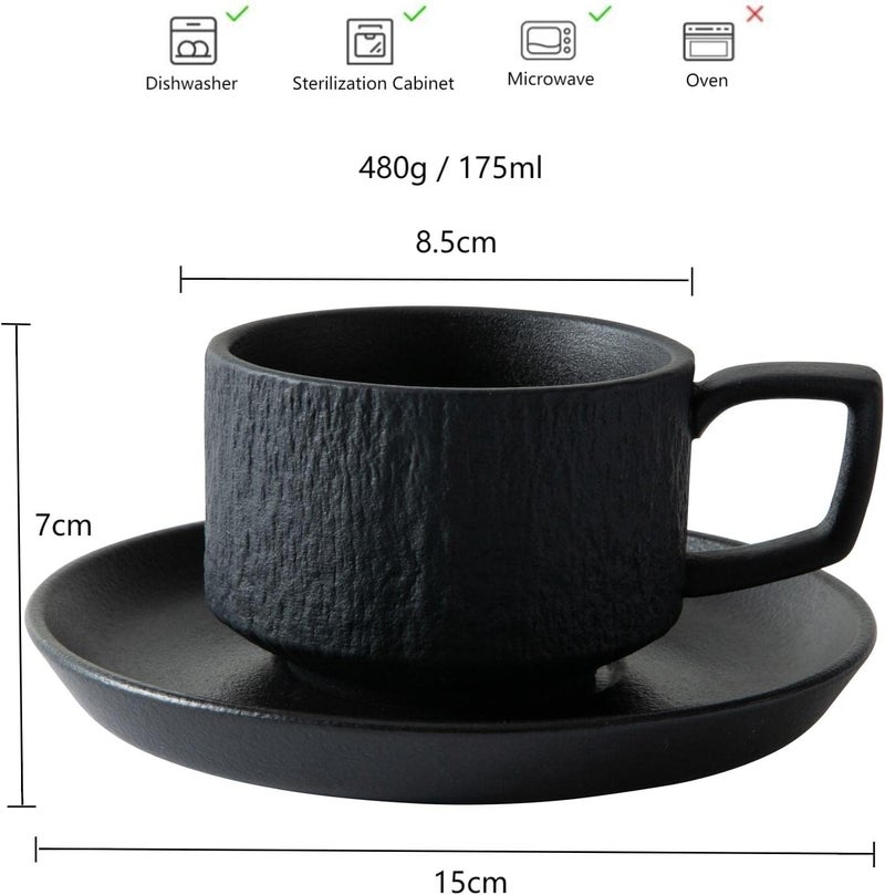 JinGlory Rock Texture Embossed Ceramic Coffee Cup Set Tea SetCappuccino CupNovelty Ceramic Cup and SaucerEspresso Cup for FriendsWomenMenMotherFather6 ozBlack - Image 3