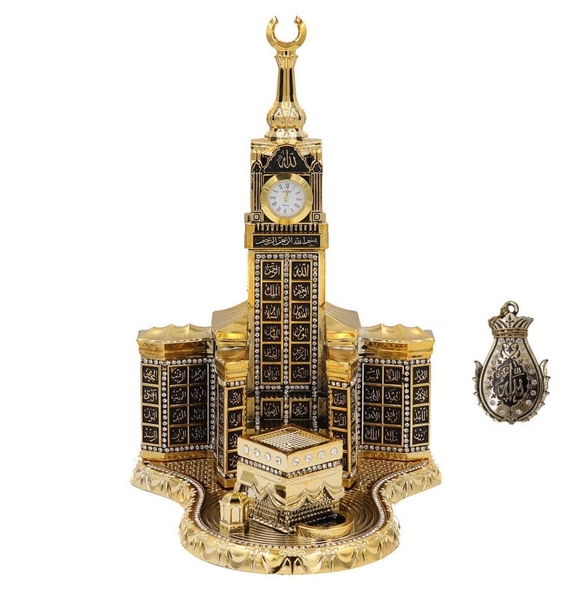 Modefa Islamic Turkish Table Decor Showpiece Gift Sculpture Figure Arabic 99 Names of Allah Kaba Clock Tower Replica Gold - Image 1