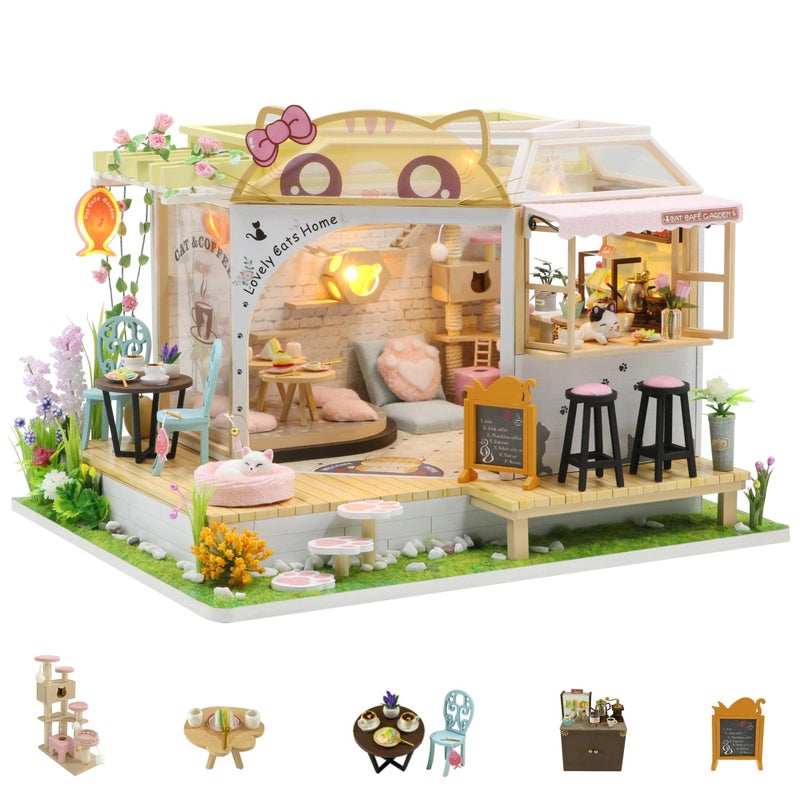 Kisoy Dollhouse Miniature With Furniture Kit  Handmade Diy House Model For Teens Adult Gift (Cat Cafe Garden) - Image 1
