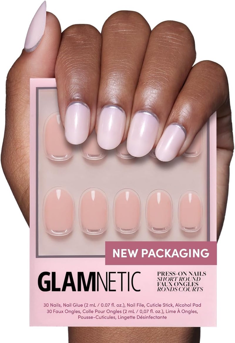 Glamnetic Durability boosted processed material Press On Nails - Silver Belle | Short Round Natural Base Nails with 3D Silver Foil in a Glossy Finish | 12 Sizes - 30 Nail Kit with Glue Natural material - Image 1