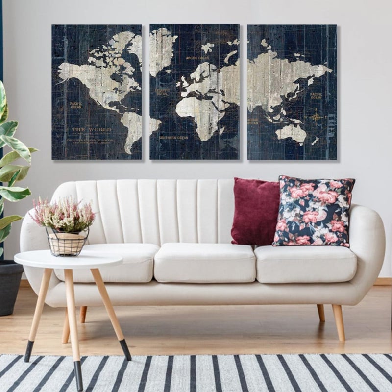 Marktna Three canvas panels with a world map design and a hollow frame, measuring (120×60), three pieces - Image 1