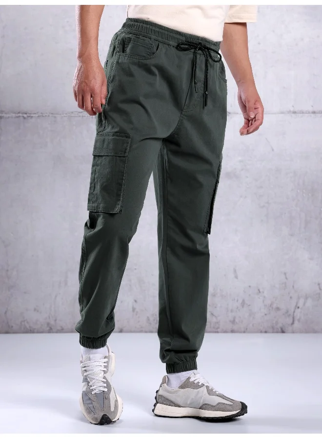 Beyoung Solid Cotton Steel Grey Cargo Joggers For Men