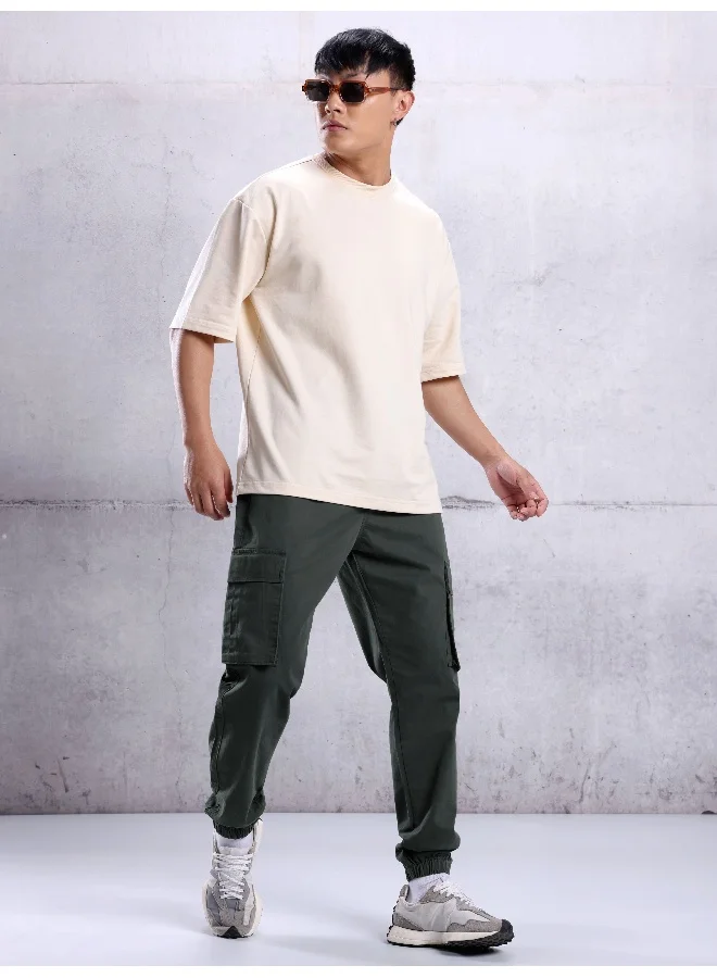 Beyoung Solid Cotton Steel Grey Cargo Joggers For Men