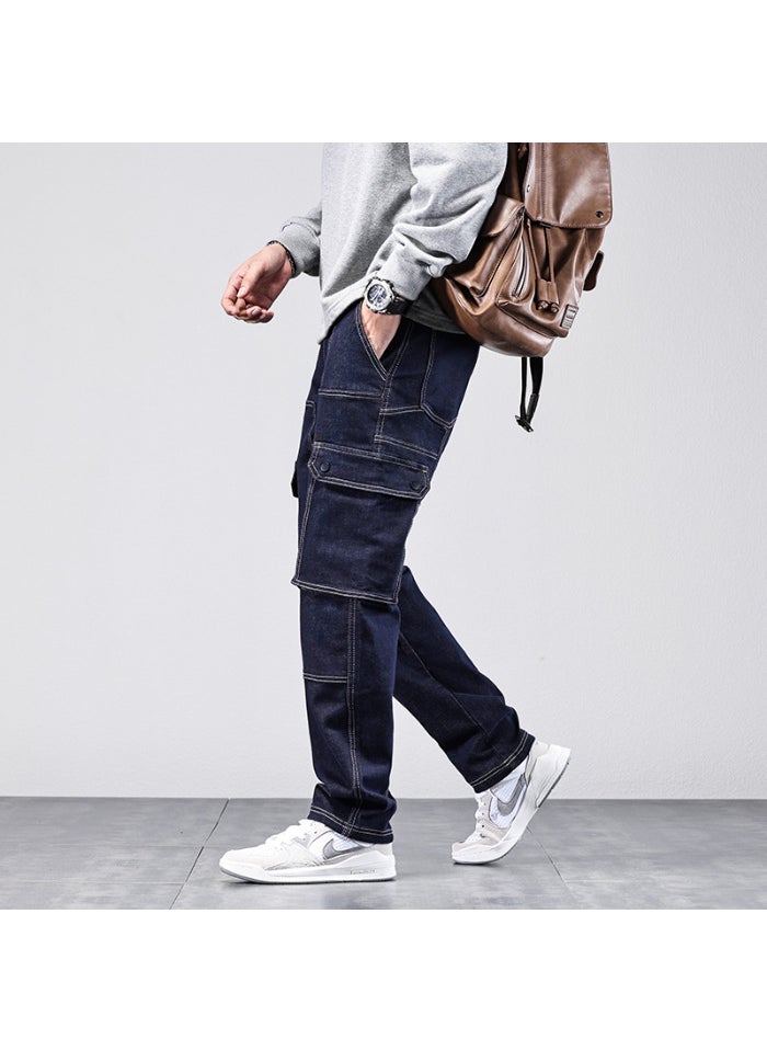 Generic Mens Streetwear Denim Cargo Jeans with Pockets Dark blue 