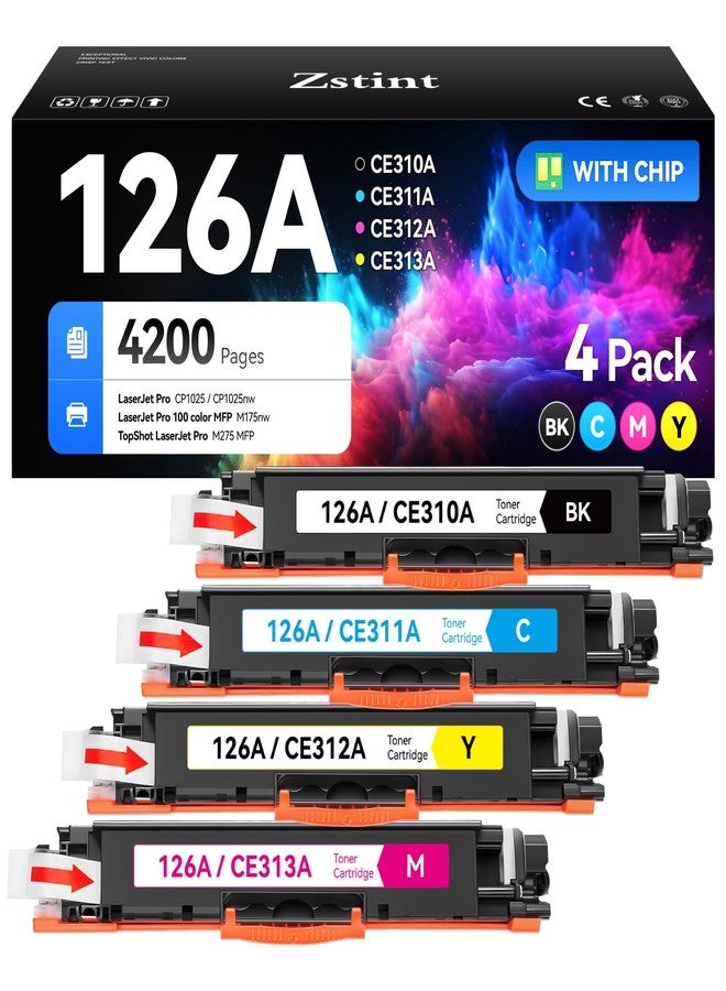 Zstint 126A Toner Cartridge Set 4-Pack Replacement for HP 126A CE310A CE311A CE312A CE313A Compatible with HP Laserjet Pro 100 Color MFP M175nw CP1025 CP1025nw M275 Printer Black Cyan Magenta Yellow - Image 1