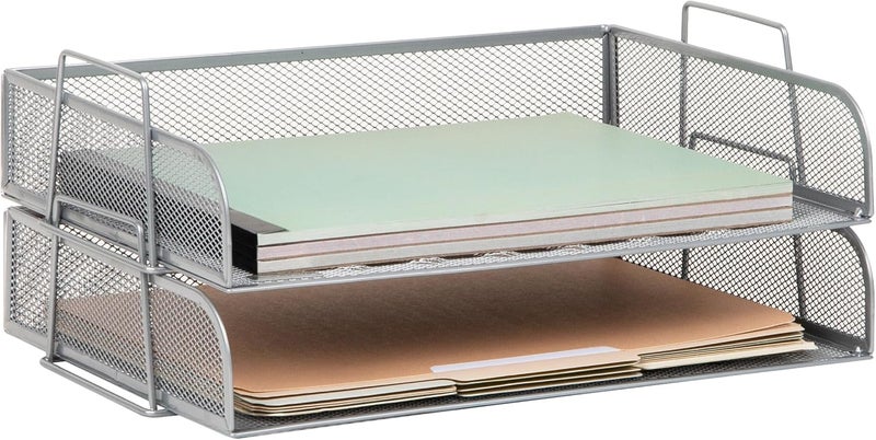 Mind Reader Stackable Paper Tray, Desktop Organizer, Metal Mesh, 2 Pcs, Silver - Image 1