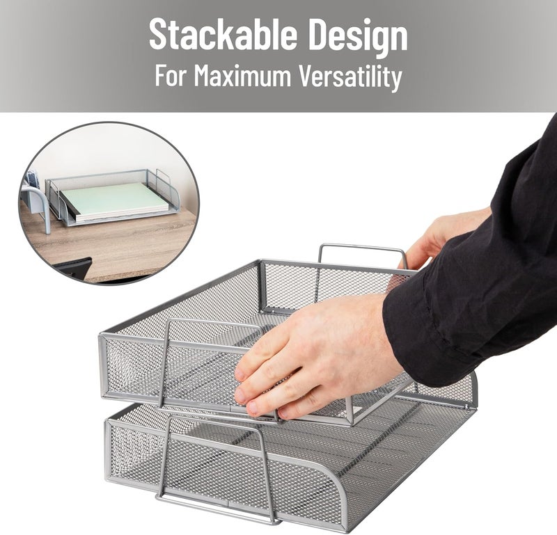 Mind Reader Stackable Paper Tray, Desktop Organizer, Metal Mesh, 2 Pcs, Silver - Image 4