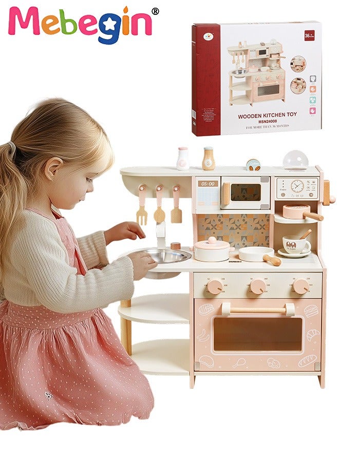 MEBEGIN Wooden Kitchen Toy Set with Coffee Machine, Microwave Oven and Realistic Accessories, Deluxe Pretend Play Set, Modern-style Play House Toys, Ideal Gift for Kids Aged 36 Months+, 47.5*23.5*53cm - Image 2