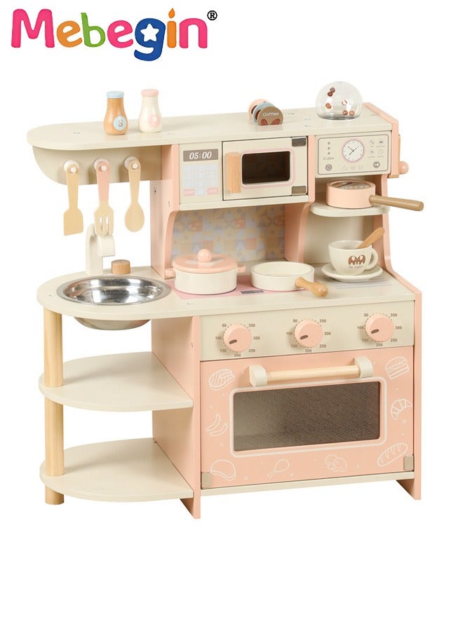 MEBEGIN Wooden Kitchen Toy Set with Coffee Machine, Microwave Oven and Realistic Accessories, Deluxe Pretend Play Set, Modern-style Play House Toys, Ideal Gift for Kids Aged 36 Months+, 47.5*23.5*53cm - Image 1