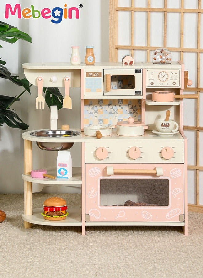 MEBEGIN Wooden Kitchen Toy Set with Coffee Machine, Microwave Oven and Realistic Accessories, Deluxe Pretend Play Set, Modern-style Play House Toys, Ideal Gift for Kids Aged 36 Months+, 47.5*23.5*53cm - Image 3