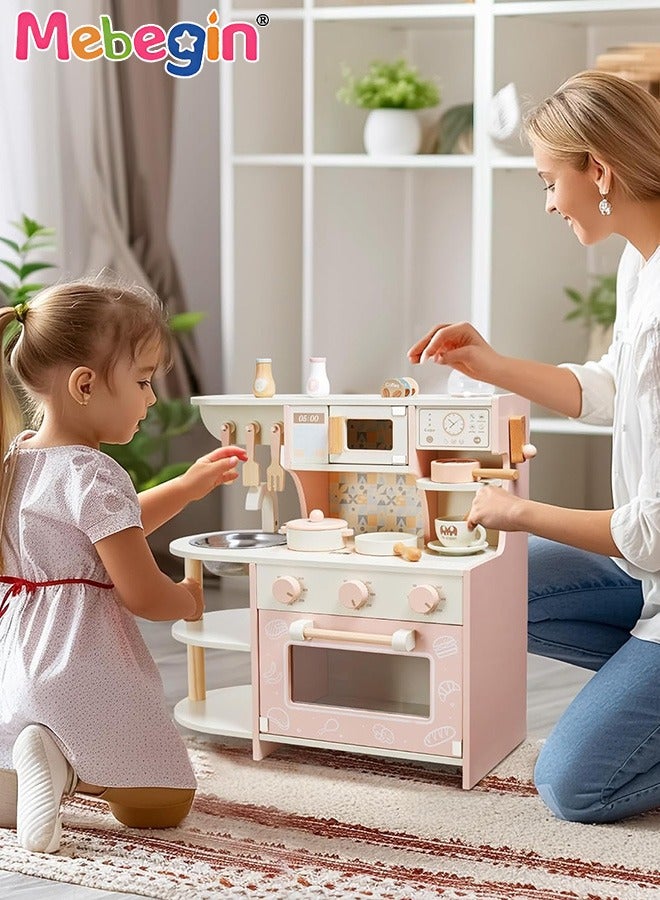 MEBEGIN Wooden Kitchen Toy Set with Coffee Machine, Microwave Oven and Realistic Accessories, Deluxe Pretend Play Set, Modern-style Play House Toys, Ideal Gift for Kids Aged 36 Months+, 47.5*23.5*53cm - Image 4