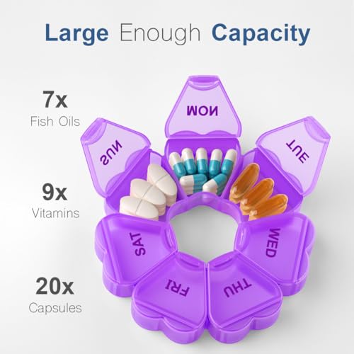 KAPENS Large Weekly Pill Organizer, Pill Box 7 Day, KAPENS Daily Vitamin Case Large Capacity Compartments, Pill Containers for Fish Oil Medicine Supplements, Purple - Image 2