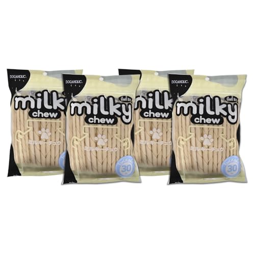 Dogaholic Milky Chew Stick Style Dog Treats Pack of 4, Milk-Flavoured Rawhide Chews for Dogs of All Ages and Sizes, Supports Strong Teeth and Bones, 30 Sticks Per Pack - Image 1