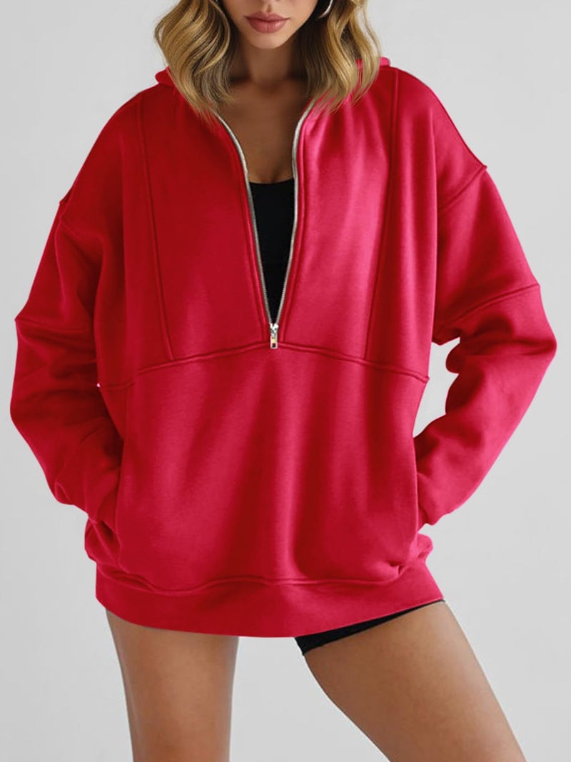 Fisoew Women's Half Zip Sweatshirts Fleece Stand Collar Long Sleeve Thumb Hole Oversized Pullovers with Pockets Red - Image 2