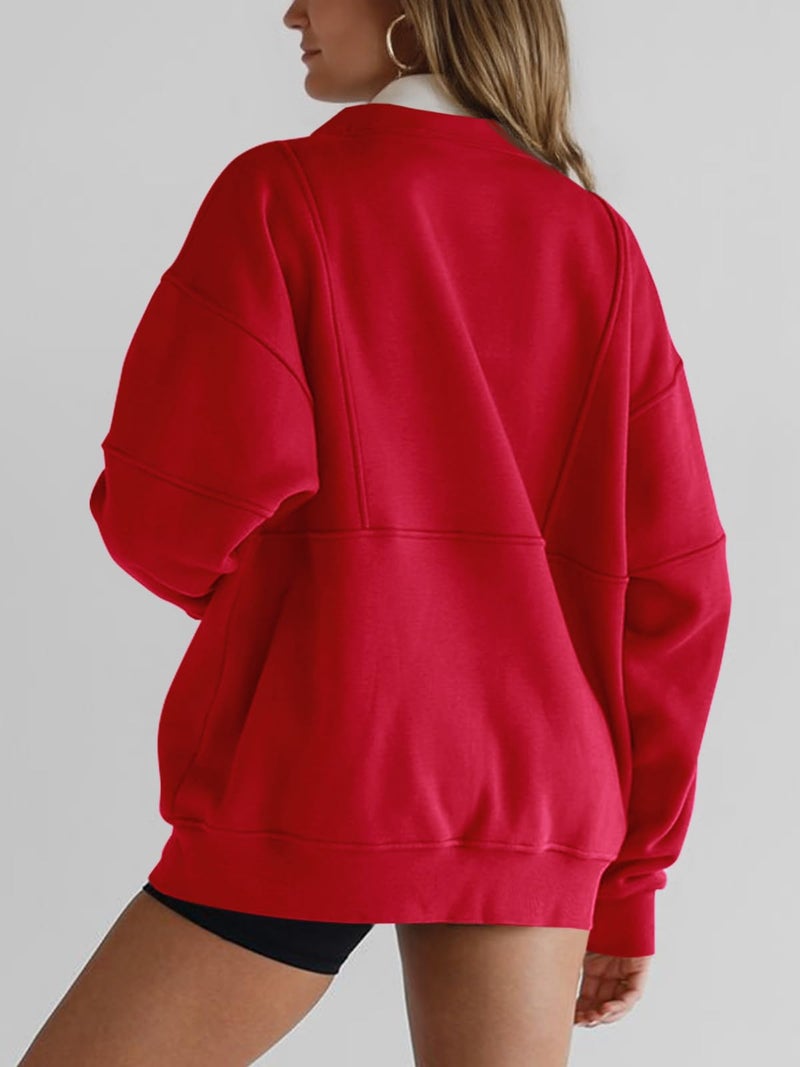 Fisoew Women's Half Zip Sweatshirts Fleece Stand Collar Long Sleeve Thumb Hole Oversized Pullovers with Pockets Red - Image 4