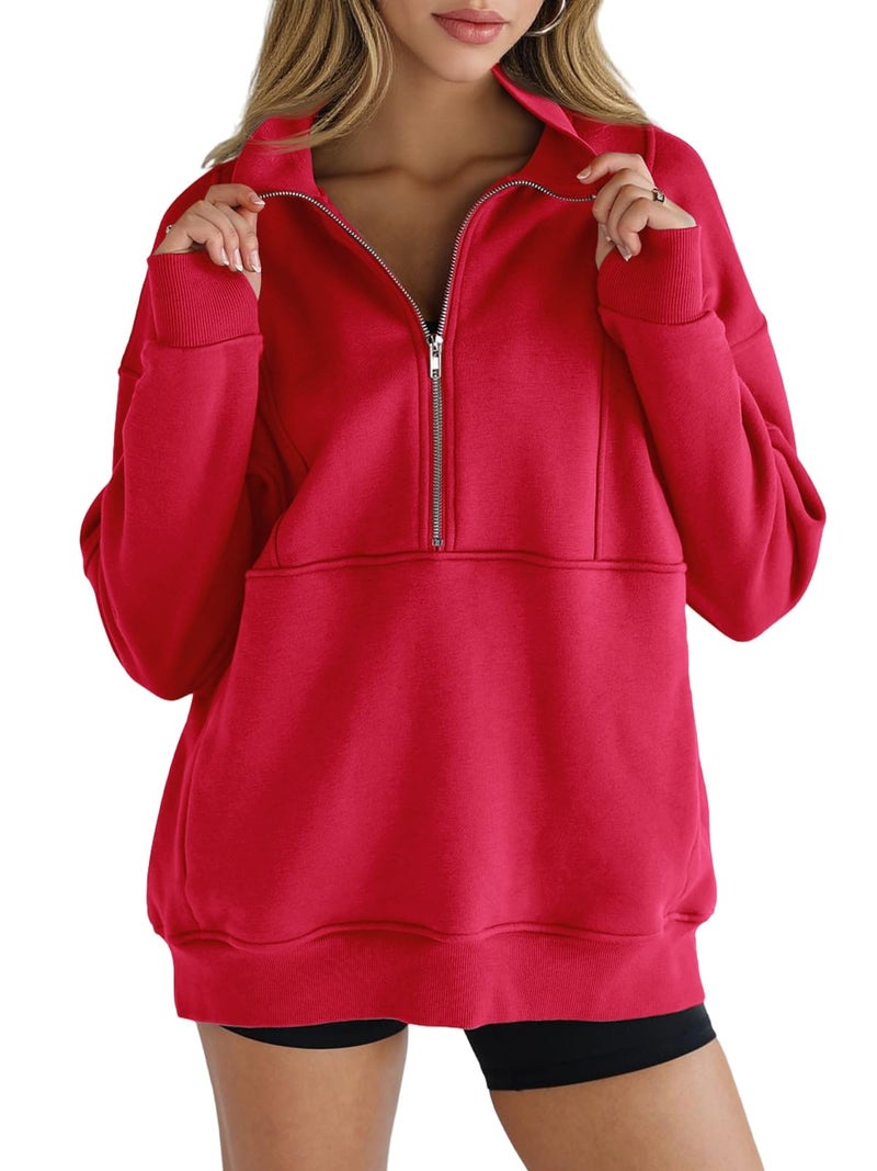 Fisoew Women's Half Zip Sweatshirts Fleece Stand Collar Long Sleeve Thumb Hole Oversized Pullovers with Pockets Red - Image 1
