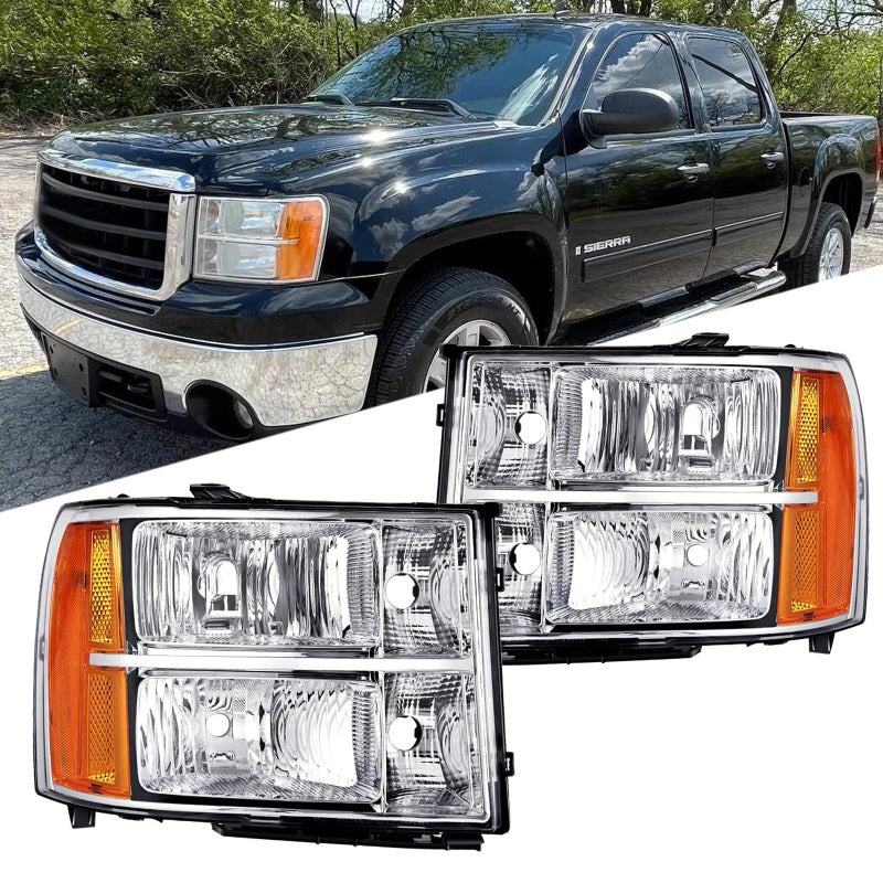 Headlights Assembly compatible with 2007 2008 2009 2010 2011 2012 2013 GMC Sierra 1500 0714 GMC Sierra 2500HD 3500HD Head Light Headlamp Chrome Housing Amber Reflector