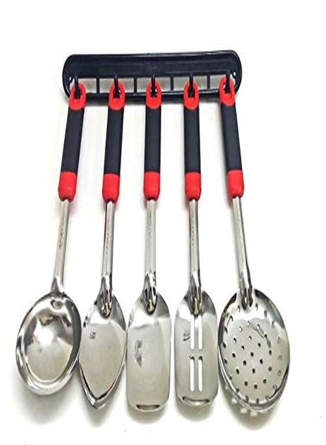 MOBDESK Stainless Steel Handy Cook-Serve Set, Cooking Utensil Set Serving Spoons With Plastics Handle,With Stand Set Of 5(Red) (Red Steel Spoon) ,20 Cm - Image 3