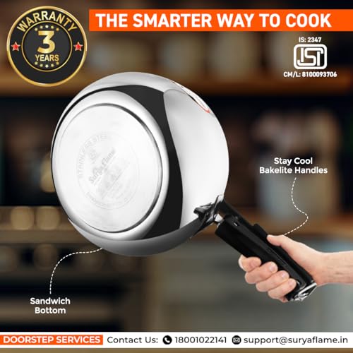 Surya Flame Stainless Steel 5 Litre Pressure Cooker with Inner Lid, Magma Gas & Induction Compatible, ISI Certified (Silver), 3-Year Doorstep Warranty - Image 3