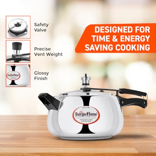 Surya Flame Stainless Steel 5 Litre Pressure Cooker with Inner Lid, Magma Gas & Induction Compatible, ISI Certified (Silver), 3-Year Doorstep Warranty - Image 4