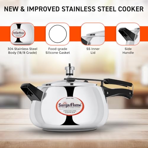 Surya Flame Stainless Steel 5 Litre Pressure Cooker with Inner Lid, Magma Gas & Induction Compatible, ISI Certified (Silver), 3-Year Doorstep Warranty - Image 2