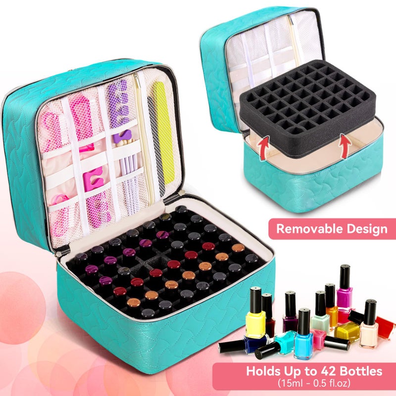 DreamGenius Nail Polish Organizer Case Holds 42 Bottles (15Ml/0.5 Fl.Oz)  Double-Layer Nail Polish Storage With Adjustable Dividers  Portable Nail Polish Bag For Nail Gel Nail Lamp And Manicure Tools  Blue - Image 3