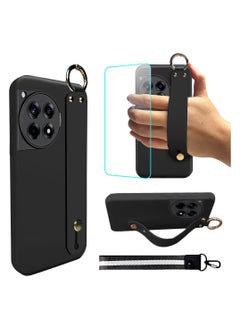 OnePlus 12R 5G/OnePlus Ace 3 Case, Wrist Strap Grip Bracelet Protective Cover with Tempered Glass Screen Protector Silicone TPU Wrist Strap Holder Protective Cover