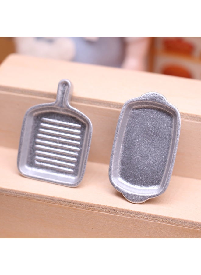 Doll House Dollhouse Miniature Food Play Ornaments Bread Baking Tray Two-piece Toy Model Ob11 Handmade-Color:Silver 2-piece Set - Image 1