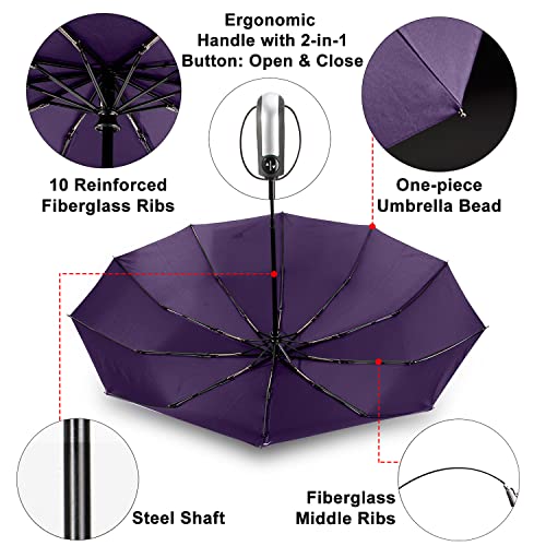TradMall Travel Umbrella Windproof with 46 Inches Large Canopy 10 Reinforced Fiberglass Ribs Ergonomic Handle Auto Open & Close, Purple - Image 4