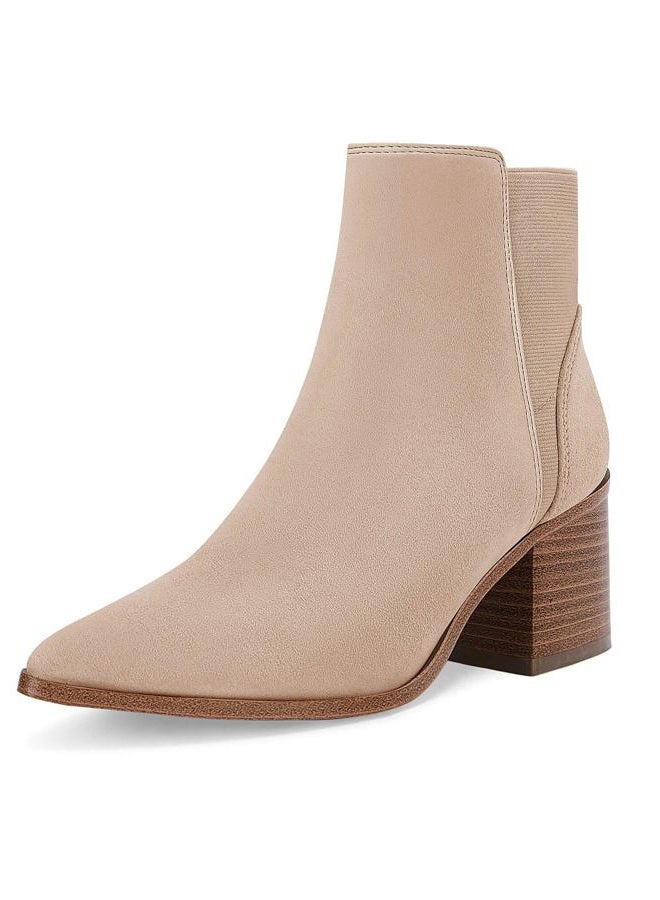 Coutgo Womens Ankle Boots Chunky Block Stacked Mid Heel Pointed Toe Slip On Elastic Chelsea Booties, Khaki(suede), 8.5 - Image 1