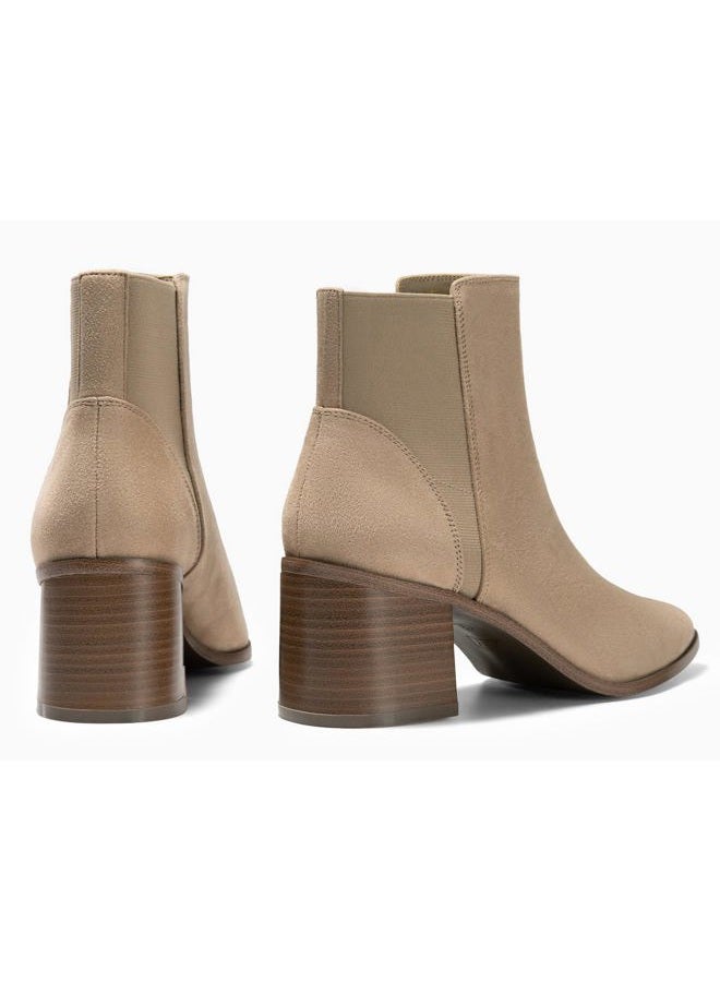 Coutgo Womens Ankle Boots Chunky Block Stacked Mid Heel Pointed Toe Slip On Elastic Chelsea Booties, Khaki(suede), 8.5 - Image 5