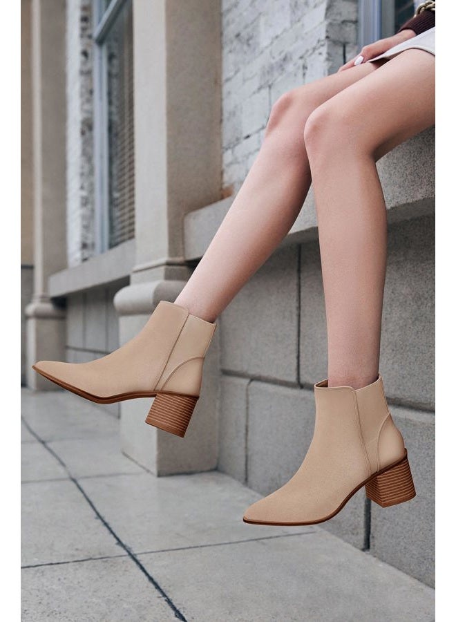 Coutgo Womens Ankle Boots Chunky Block Stacked Mid Heel Pointed Toe Slip On Elastic Chelsea Booties, Khaki(suede), 8.5 - Image 2