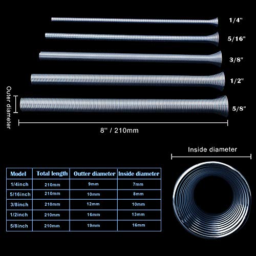 PHITUODA 5 Pack Spring Tube Bender Set 1/4'', 5/16'', 3/8'', 1/2'' and 5/8'' for Copper, Aluminum and Thin Wall Steel Tubing Bender Kit, 8.27" / 210mm Length - Image 4