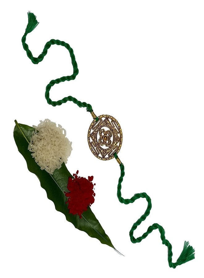 ATHZ Golden Brass Dial Green Thread Rakhi Bracelet For Bhaiya Star Shape Dial Boys Rakhi - Image 3