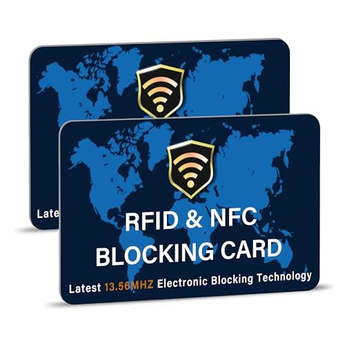 SaiTech IT 2 Pack RFID Blocking Card NFC Contactless Debit/Credit Card ATM Passport Protector ideal for Men & women slim with World map design perfectly fit in wallet - Blue - Image 1
