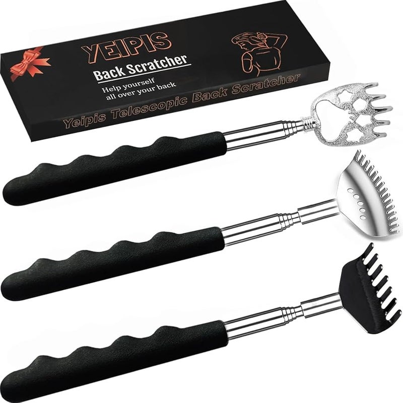 Yeipis 3 Pack Different Back Scratcher Metal Portable Telescoping with Rubber Handles, Extendable Back Massager Tool with Beautiful Box, Stocking Stuffers for Men Women Kids Adults (Black) - Image 1