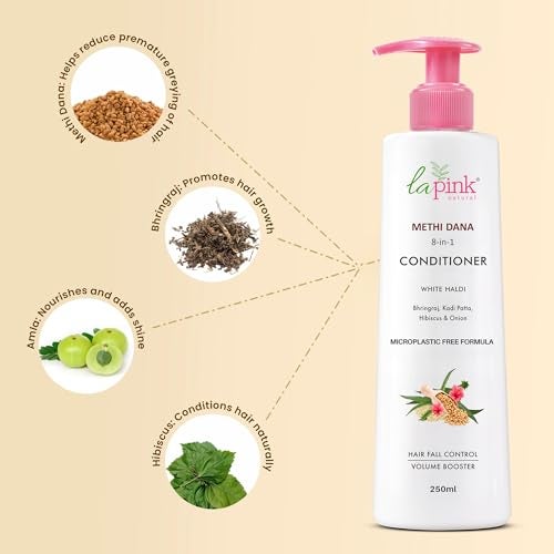 La Pink Methi Dana 8-in-1 Hair Conditioner for Hair Fall Control & Damage Repair | Boosts Volume with Hibiscus, Bhringraj, Indian Bay Leaf & Onion | Sulphate-Free | For Men & Women | 250 ml - Image 3