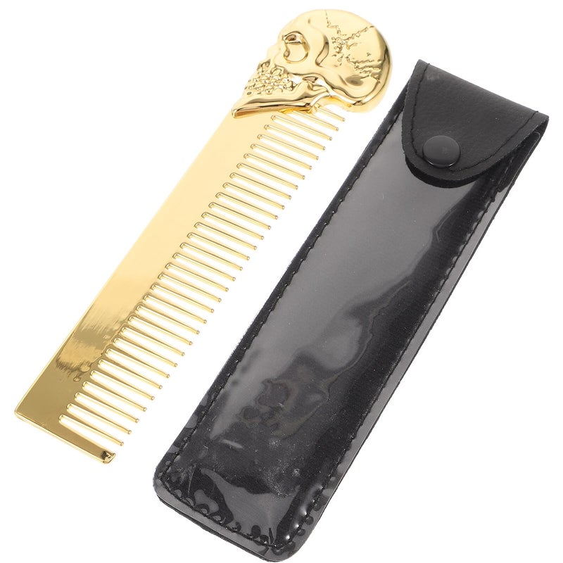 مشط لحية ذو وجهين على شكل جمجمة مع حامل واقي القصاصة وحافظة جلدية من المعدن الذهبي - Image 2