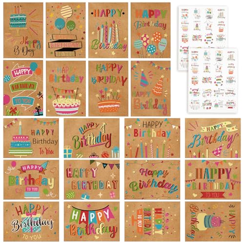 Lemosae 200 Set Unique Happy Birthday Card Bulk with Envelope and Sticker Blank Greeting Card Large 5 x 7 Inch Suitable for Office Kids Women Men, 20 Styles(Retro Style) - Image 1