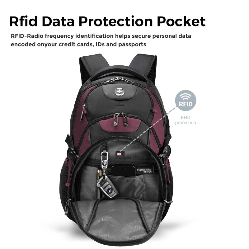 Swissdigital Design Laptop Backpack with USB Charging Port, Travel Backpack Fits 15.6 inches Computer, 31L College School Backpack for Women, Angola red/Black | SD803-44 - Image 5