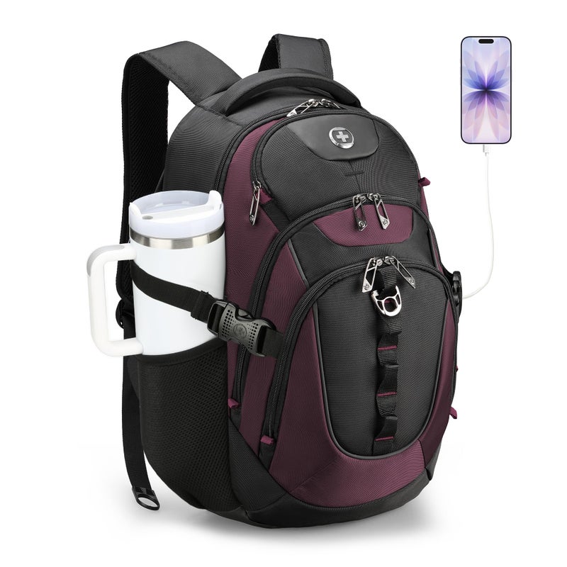 Swissdigital Design Laptop Backpack with USB Charging Port, Travel Backpack Fits 15.6 inches Computer, 31L College School Backpack for Women, Angola red/Black | SD803-44 - Image 1