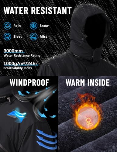 TACVASEN Mens Ski Jacket - Warm Fleece Winter Coat with Water Resistant Raincoat and Hooded Black - Image 2