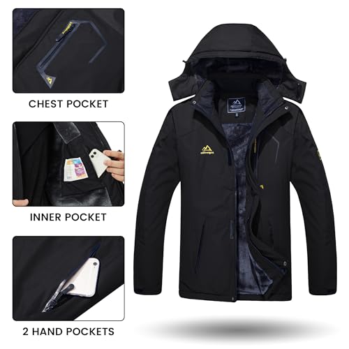 TACVASEN Mens Ski Jacket - Warm Fleece Winter Coat with Water Resistant Raincoat and Hooded Black - Image 5