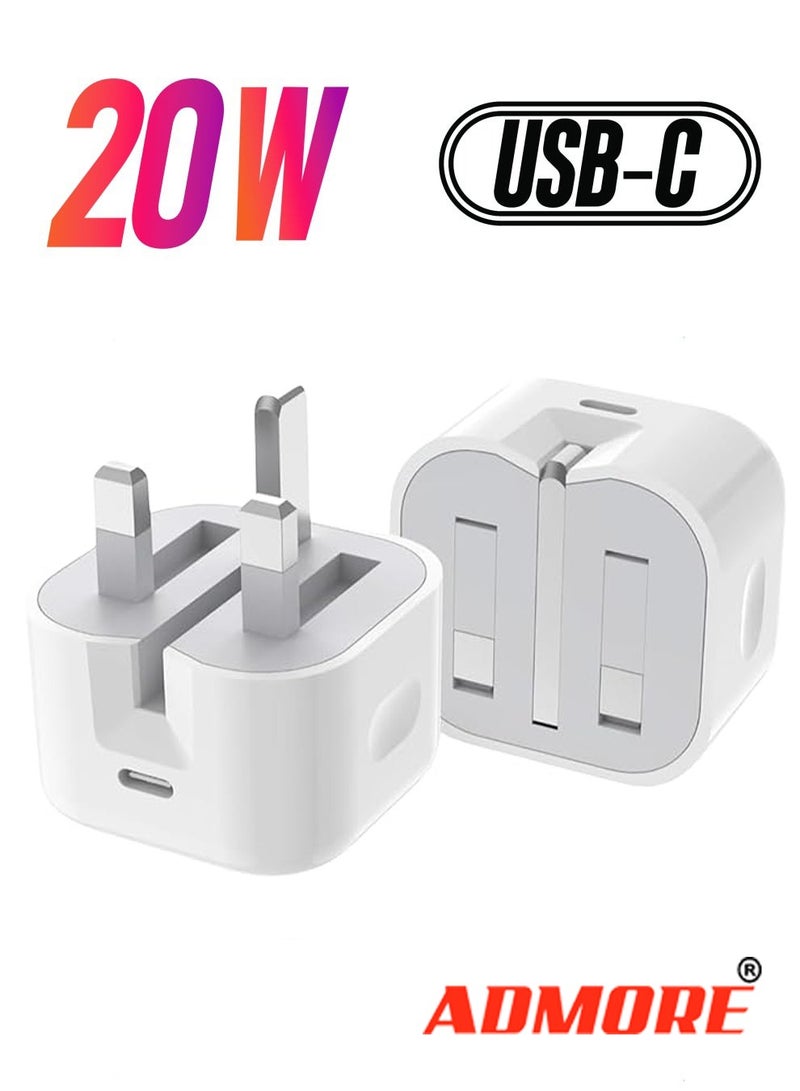 ADMORE 20W USB Type-C Fast Wall Charging Power Adapter & Compact Universal Power Travel Adapter Compatible For iPhone 16 Series/ 15 Series/ 14 Series/ 13 Series/Galaxy Ultra Series (3 Pin Plug White) - Image 1