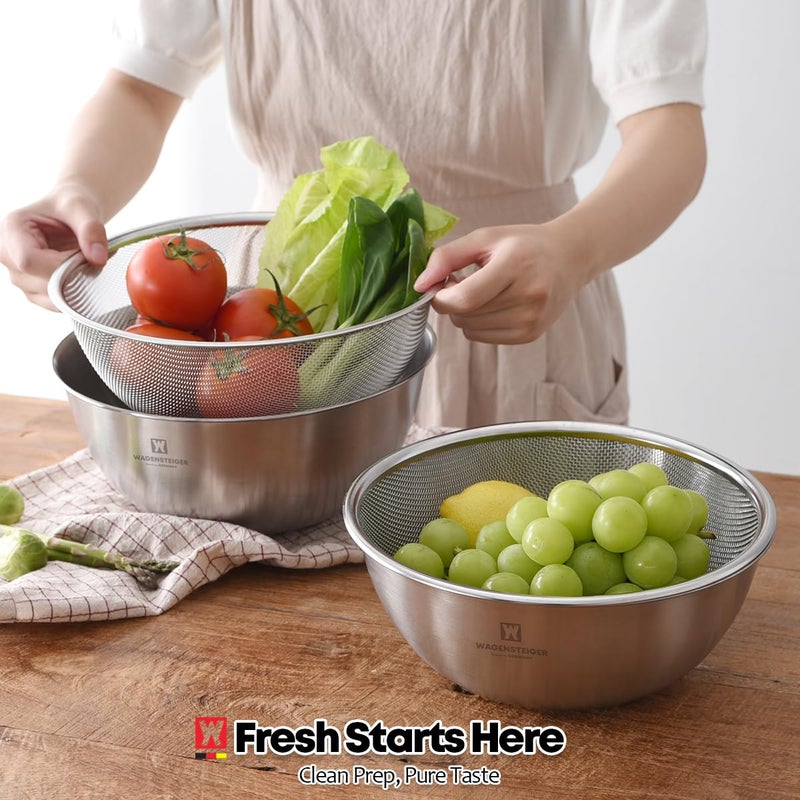 WAGENSTEIGER Stainless Steel Mixing Bowl and 3-Legged Colander Set, Multipurpose Kitchen Basket with Fine Mesh Colander, Salad Mixing Bowl with Strainer, Rinsing Vegetables & Fruits (24cm / 9.45") - Image 3